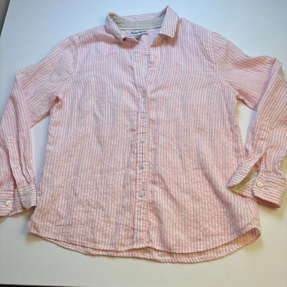 Tommy Bahama Striped Linen Blend Button Up Shirt Pink Medium - Picture 4 of 10